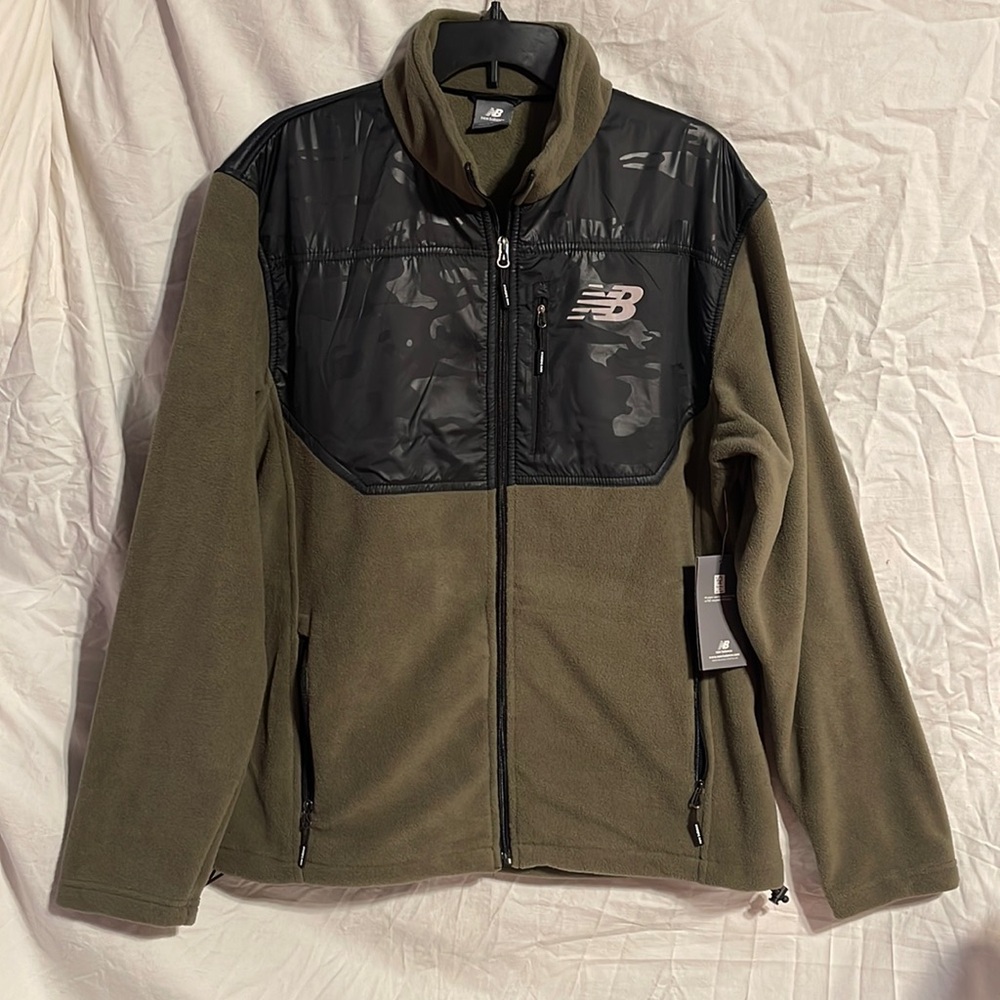 New Balance Fleece Jacket Mens Large Full Zip Front Green Black Zipper Pockets L